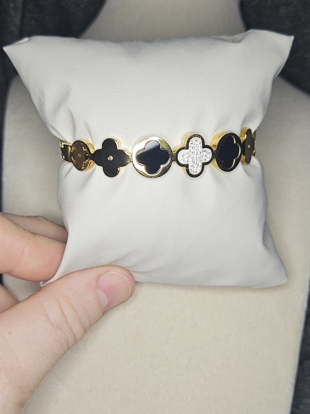 Gold and Black Clover-Link Bangle Bracelet with Crystal Accent Stainless Steel